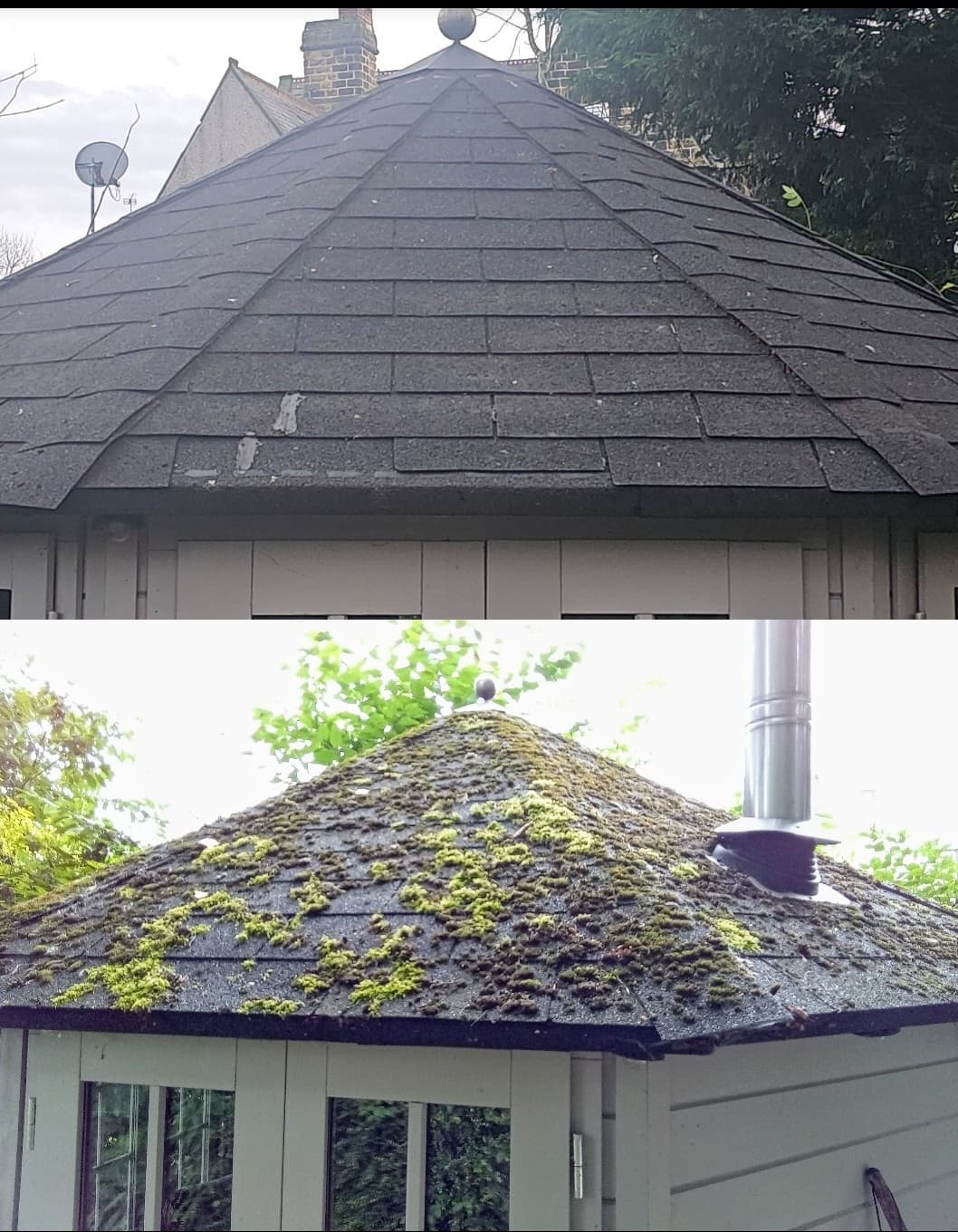 Roof cleaning in Barnsley - moss-covered roof before treatment and clean shingles after moss removal